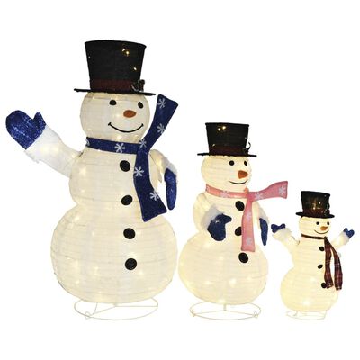 vidaXL Dekoratívna vianočná rodinka snehuliakov s LED, luxusná látka