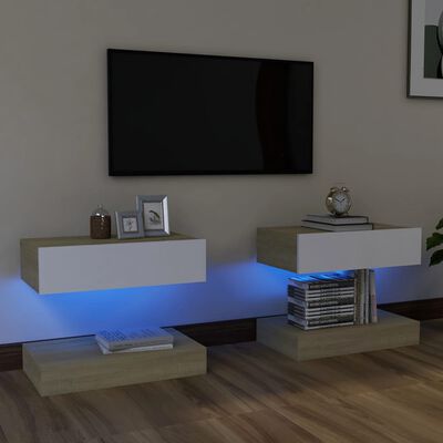 vidaXL TV skrinky s LED svetlami 2 ks biele a dub sonoma 60x35 cm