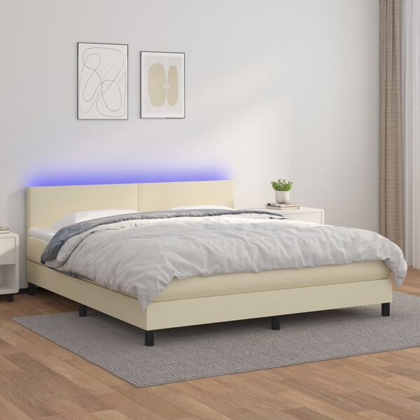 vidaXL Boxspring posteľ s matracom a LED kr&eacute;mov&aacute; 180x200 cm umel&aacute; koža
