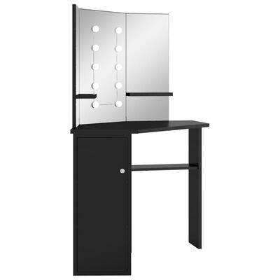 vidaXL Rohový toaletný stolík s LED čierny 111x54x141,5 cm