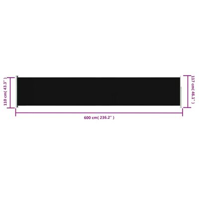 vidaXL Zaťahovacia bočná markíza na terasu 117x600 cm čierna