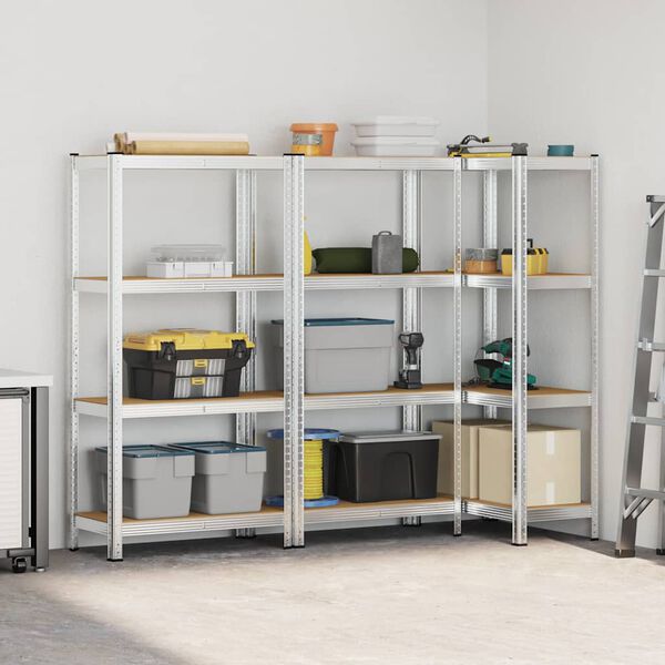 vidaXL 4-vrstvov&eacute; &uacute;ložn&eacute; police 3ks Strieborn&aacute; oceľ a spracovan&eacute; drevo