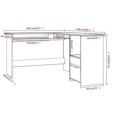 vidaXL Rohový stôl v tvare L, biely/sonoma 120x140x75 cm, drevotrieska