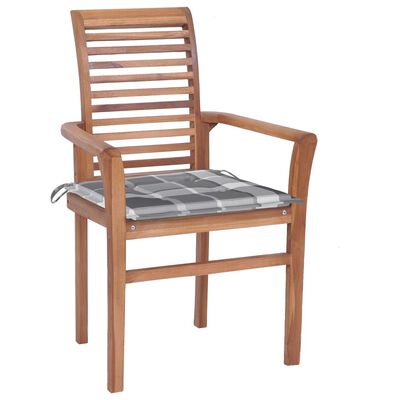 vidaXL Jedálenské stoličky 2 ks sivé kockové podložky tíkový masív