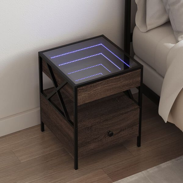 vidaXL Nočný stolík s nekonečnými LED hnedý dub 40x40x51 cm