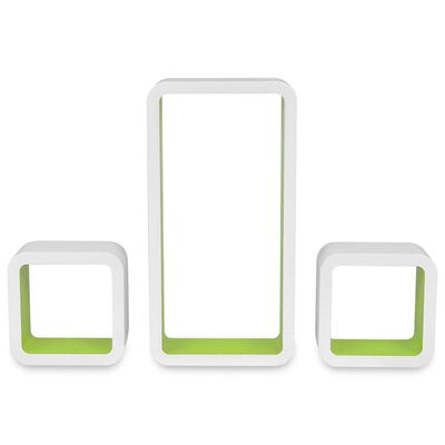 3 bielo zelené nástenné police v tvare kocky na knihy/DVD, MDF