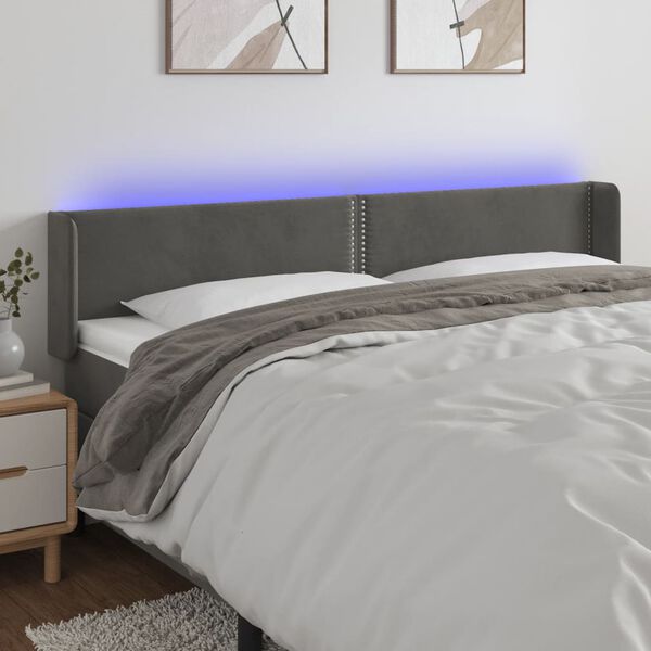 vidaXL Čelo postele s LED tmavosiv&eacute; 183x16x78/88 cm zamat