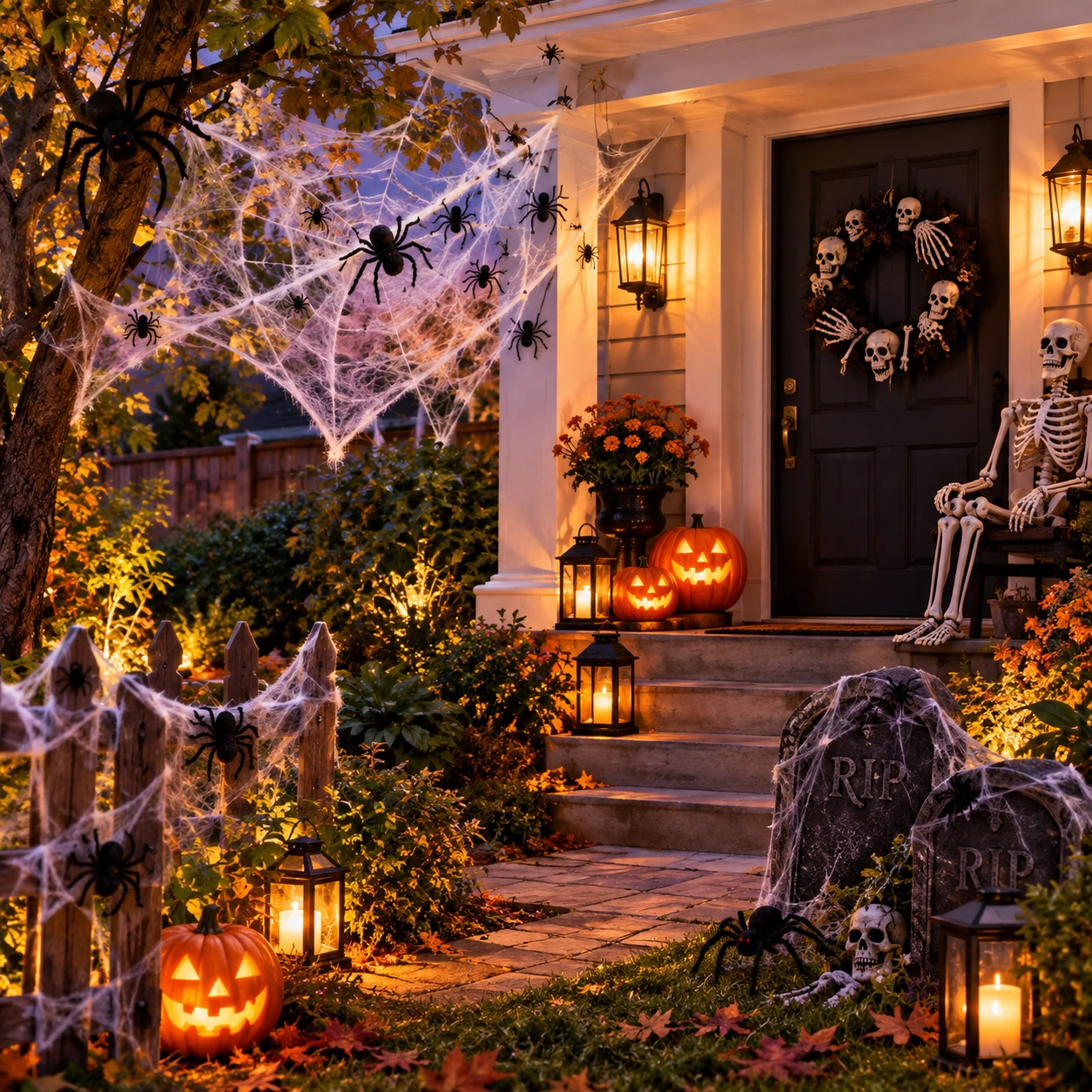 Halloweenska veranda a záhrada s pavučinami, pavúkmi a kostlivcom