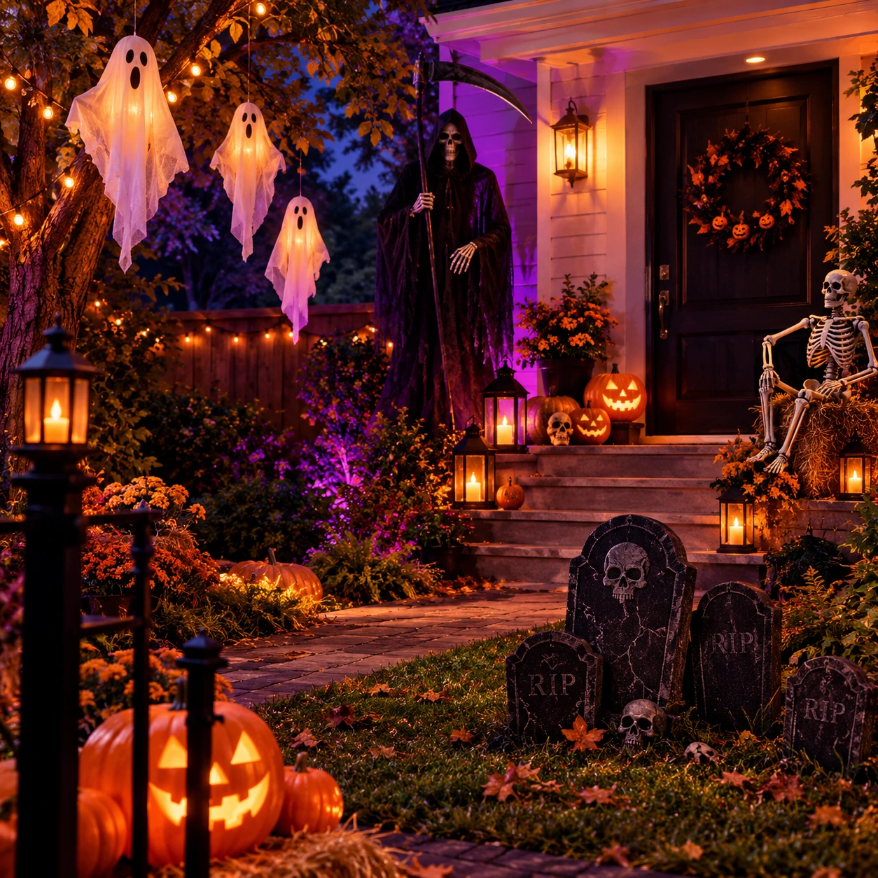 Halloweenska záhrada so zavesenými duchmi a smrťou s kosou