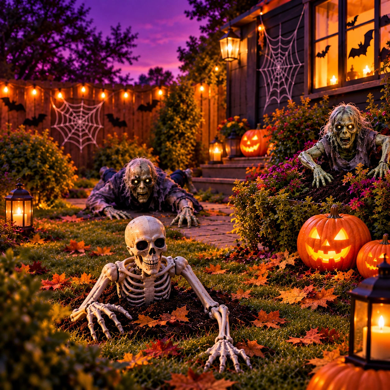 Halloweenska záhrada s kostlivcom, zombiami a svietiacimi tekvicami