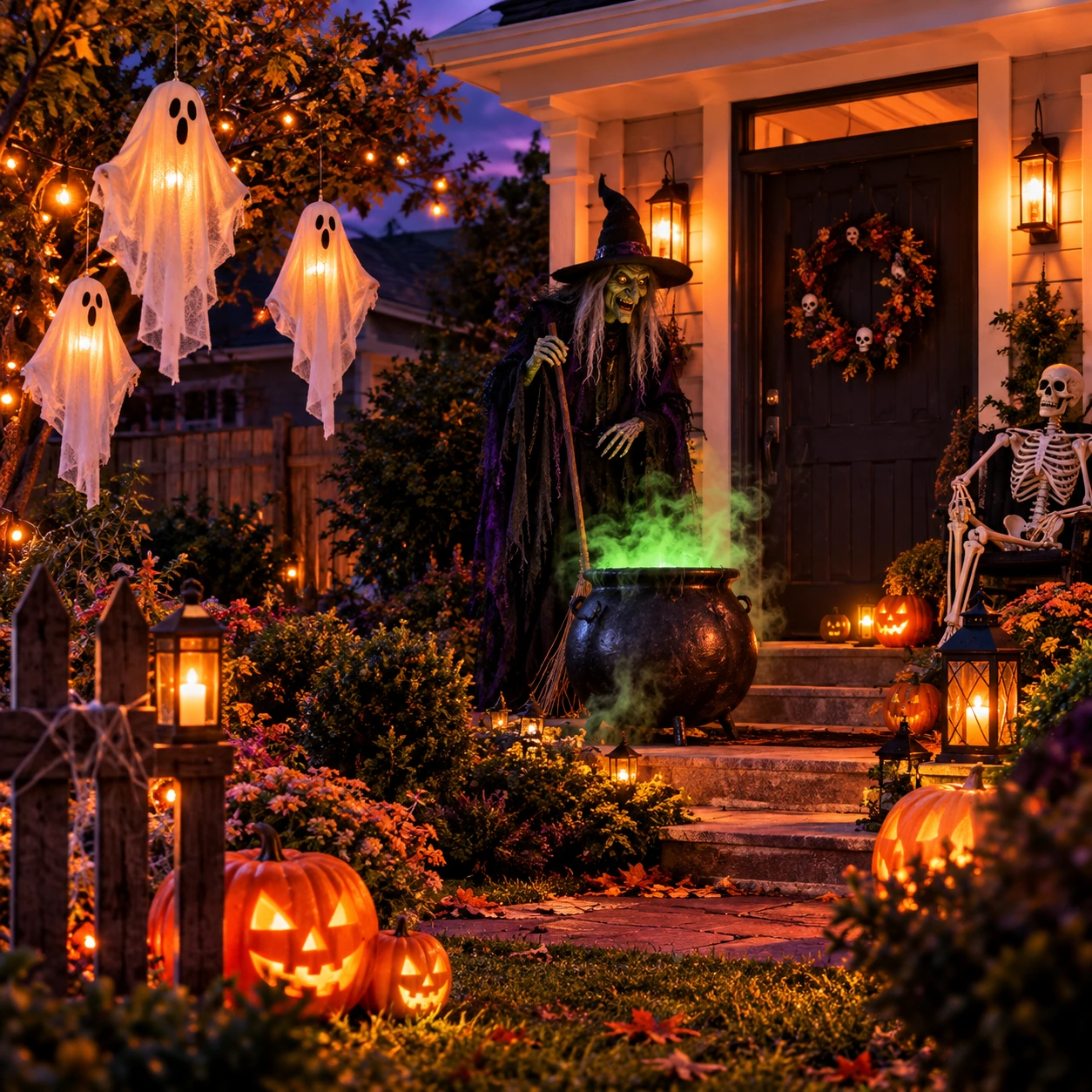 Halloweenska veranda s čarodejnicou, duchmi a svietiacimi tekvicami
