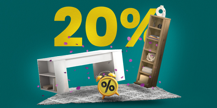 Banner zobrazujúci stôl, TV konzolu, koberec a budík s veľkým žltým textom „20%“.