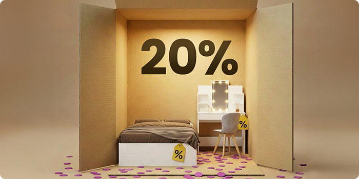 Moderný nábytok do spálne s bielou posteľou a béžovým toaletným stolíkom v boxovom zobrazení, s 20 % zľavou na základné produkty do spálne.