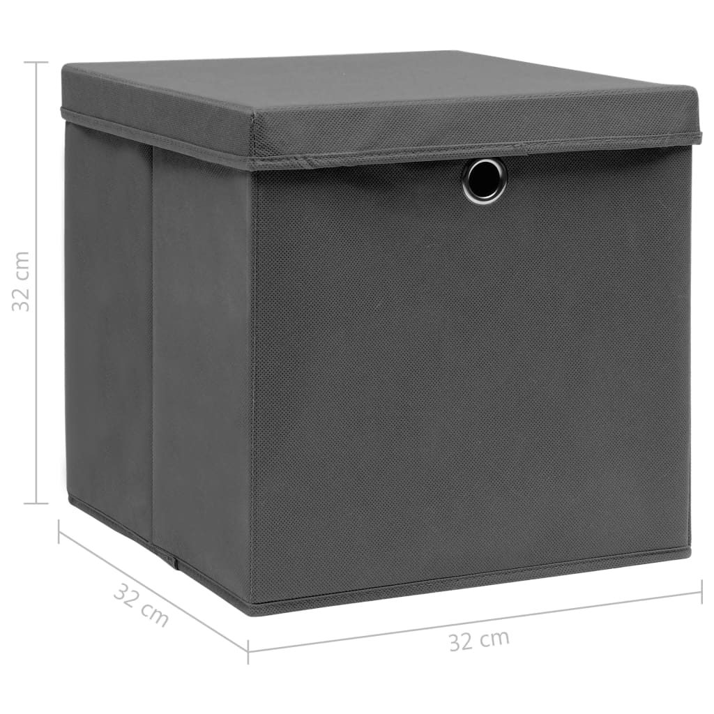 vidaXL Úložné boxy s vekom 4 ks, sivé 32x32x32 cm, látka