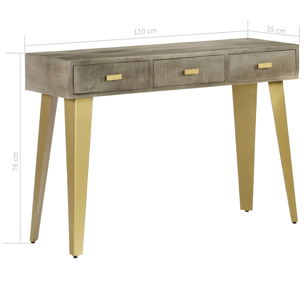 vidaXL Konzolový stolík sivý s mosadzou 110x35x76 cm masívne mangovníkové drevo