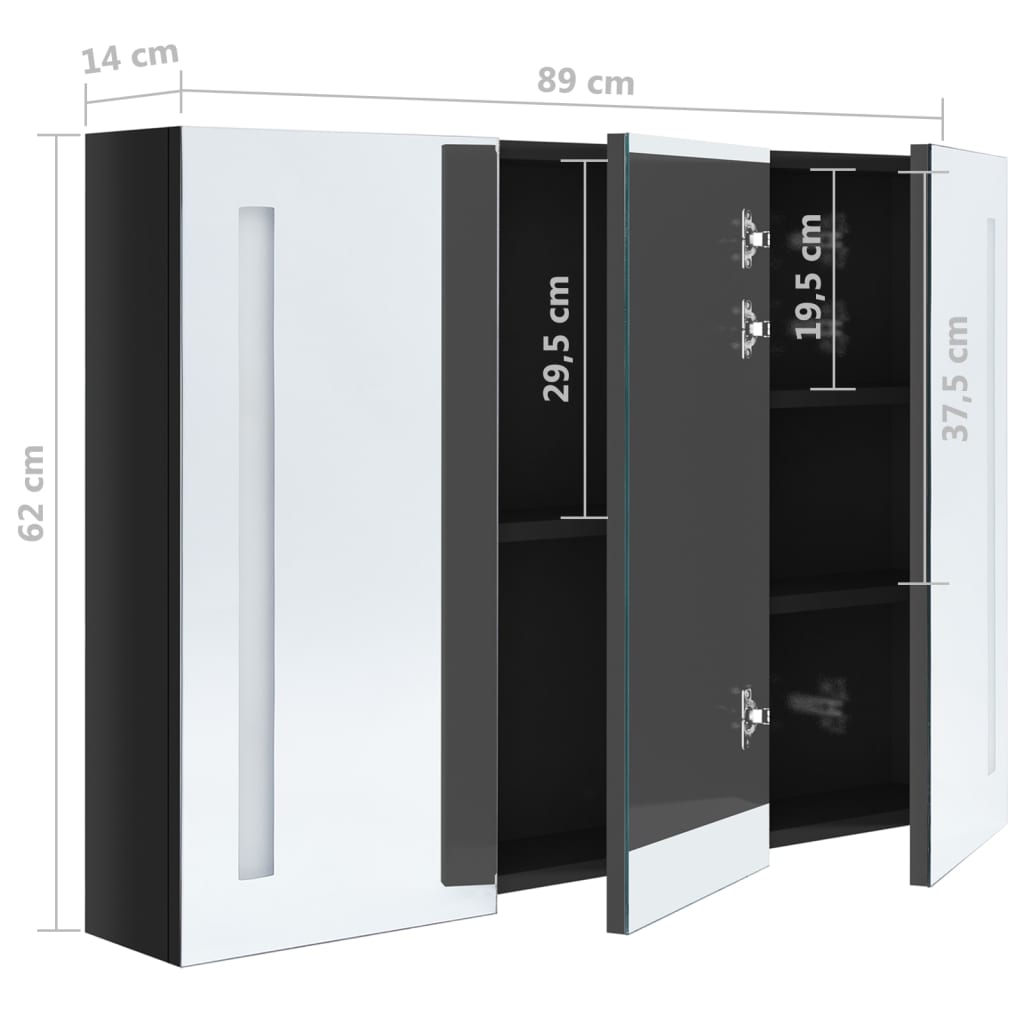 vidaXL LED kúpeľňová zrkadlová skrinka 89x14x62 cm žiarivá čierna