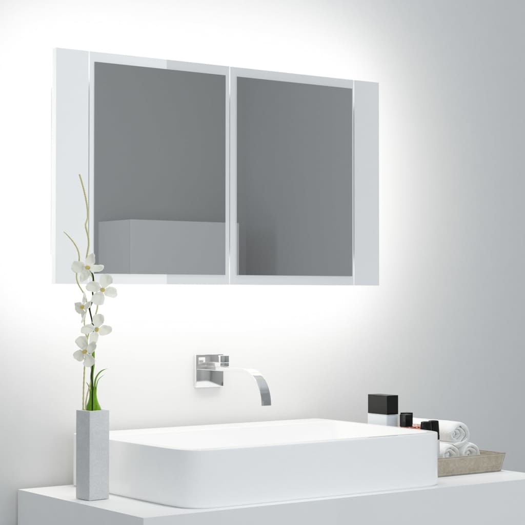 vidaXL LED kúpeľňová zrkadlová skrinka lesklá biela 80x12x45 cm akryl