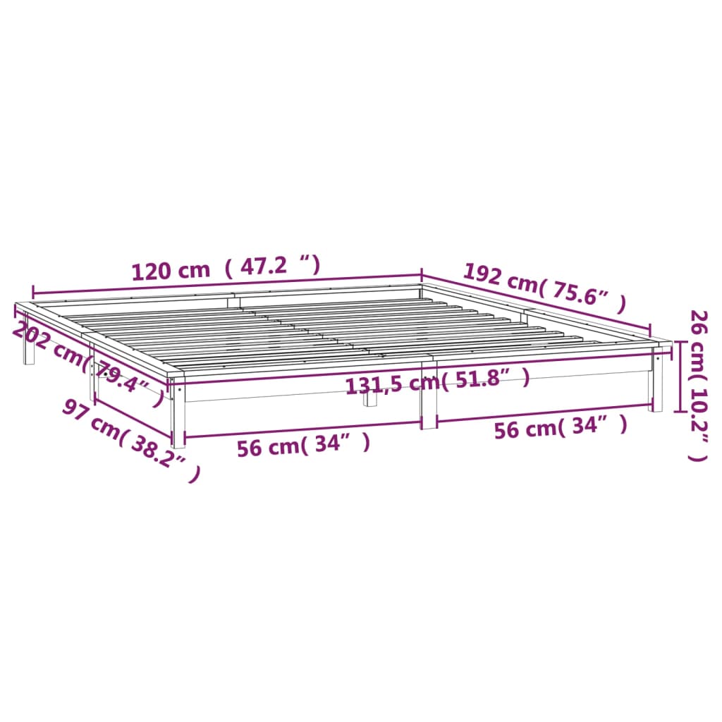 vidaXL Posteľný rám s LED sivý 120x190cm malé dvojlôžko masívne drevo