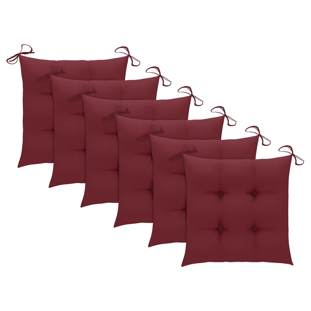 vidaXL Jedálenské stoličky 6 ks vínovo-červené sedáky tíkový masív