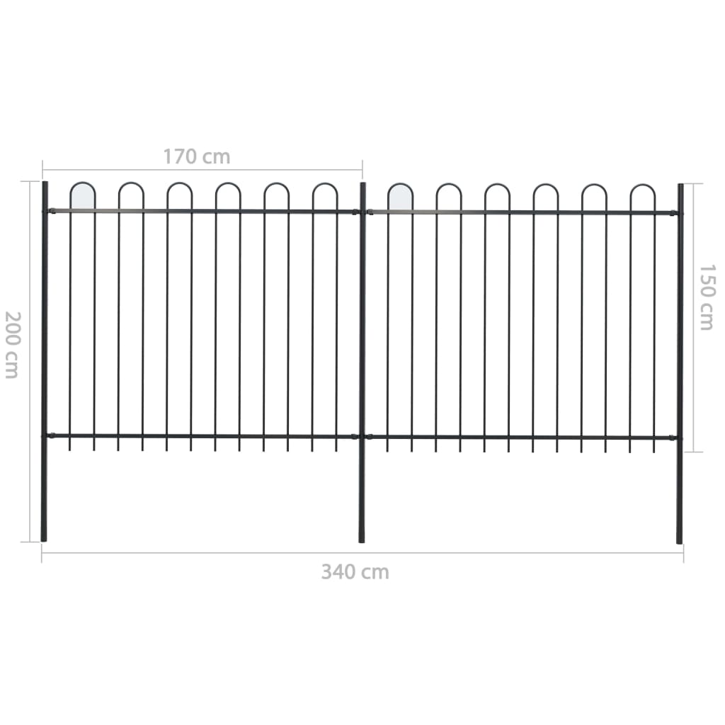 vidaXL Záhradný plot s oblúkovým zakončením, oceľ 3,4x1,5 m, čierny