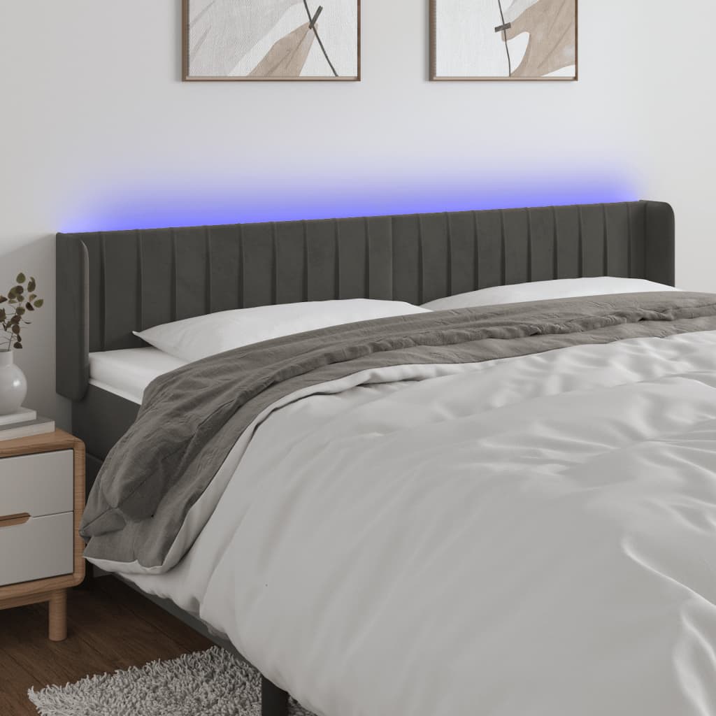 vidaXL Čelo postele s LED tmavosivé 163x16x78/88 cm zamat