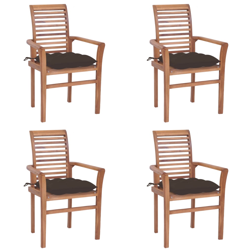 vidaXL Jedálenské stoličky 4 ks so sivohnedými podložkami tíkový masív