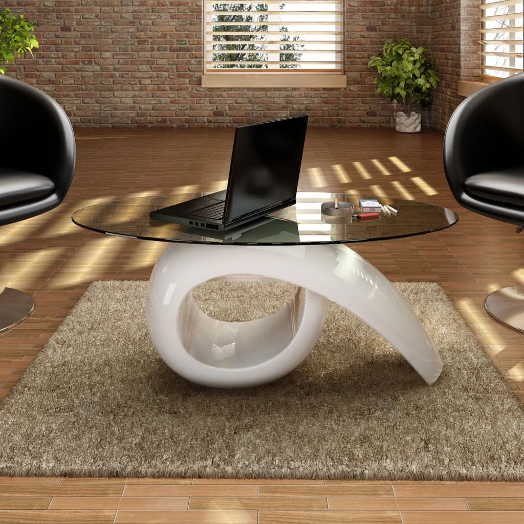 vidaXL Konferenčný stolík, oválna sklenená doska, vysoký lesk, biely