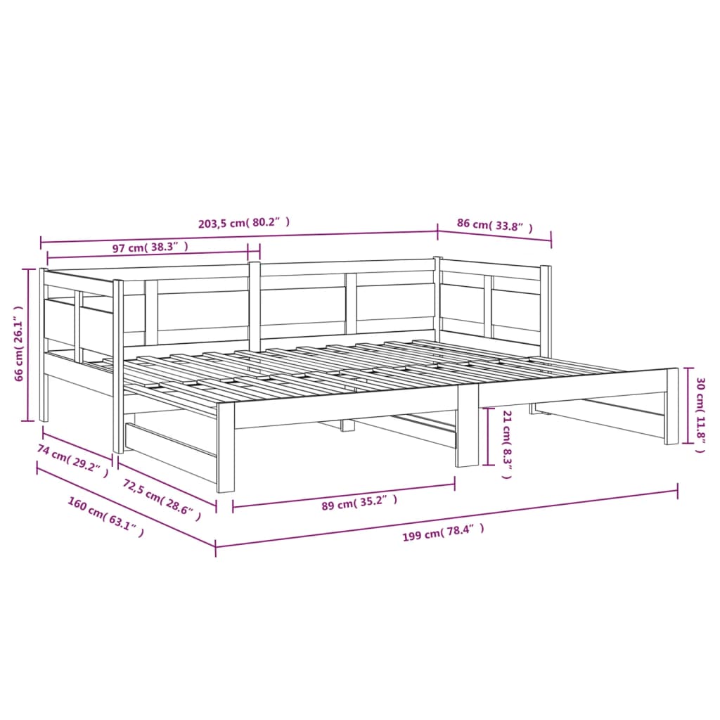 vidaXL Rozkladacia denná posteľ medová borovicový masív 2x(80x200) cm