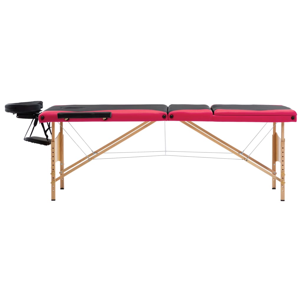 vidaXL Skladací masážny stôl, 3 zóny, drevo, čierno ružový