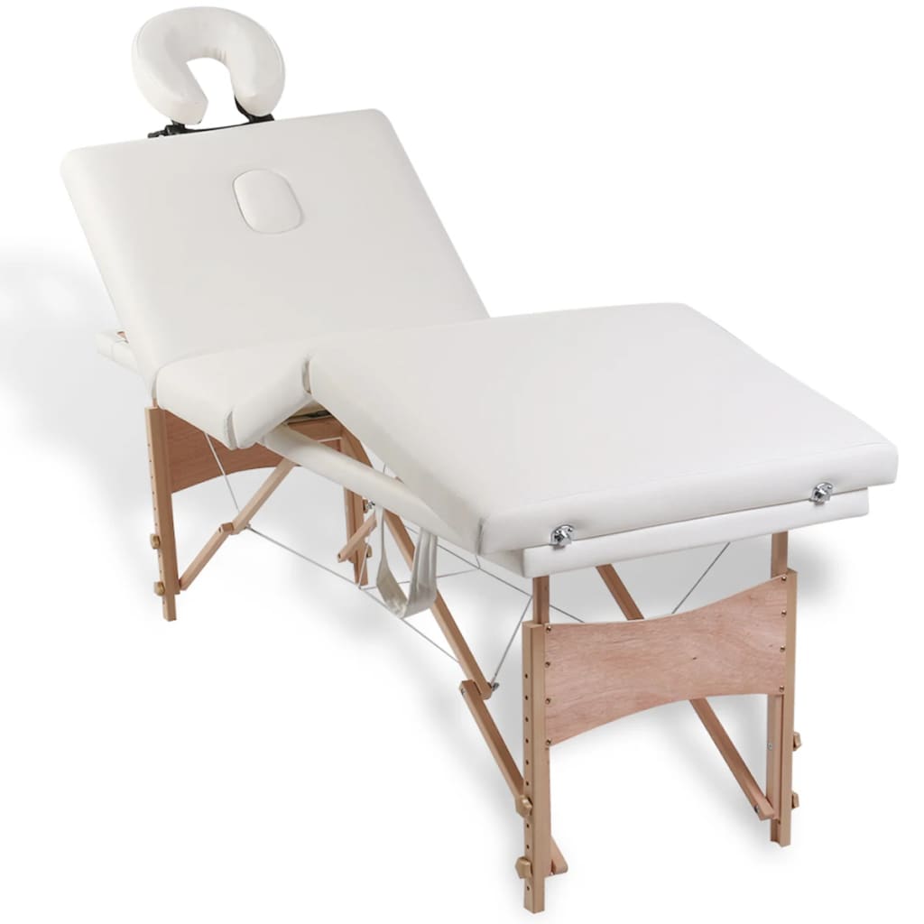vidaXL Krémovo biely skladací masážny stôl, 4 zóny, drevený rám