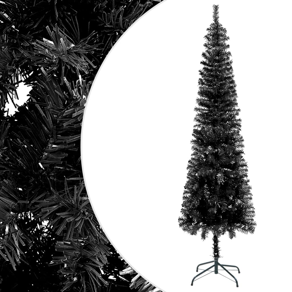 vidaXL Úzky osvetlený vianočný stromček s guľami, čierny 180 cm