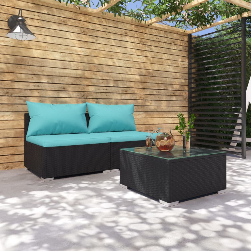 vidaXL 3-dielna záhradná sedacia súprava s vankúšmi polyratan čierna