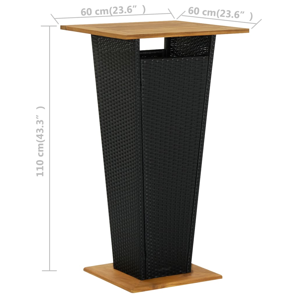 vidaXL Barový stôl čierny 60x60x110 cm polyratan a akáciový masív