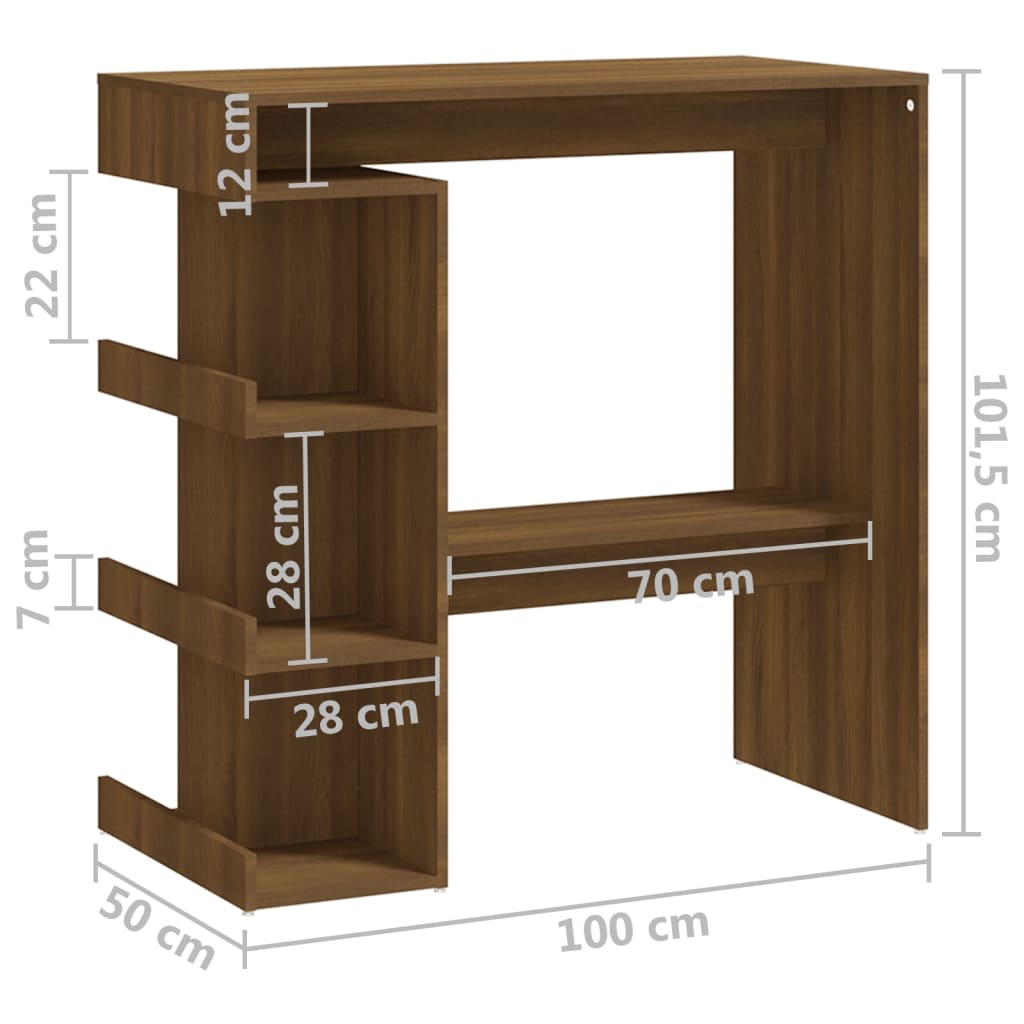 vidaXL Barový stôl s úložným regálom hnedý dub 100x50x101,5 cm drevotrieska