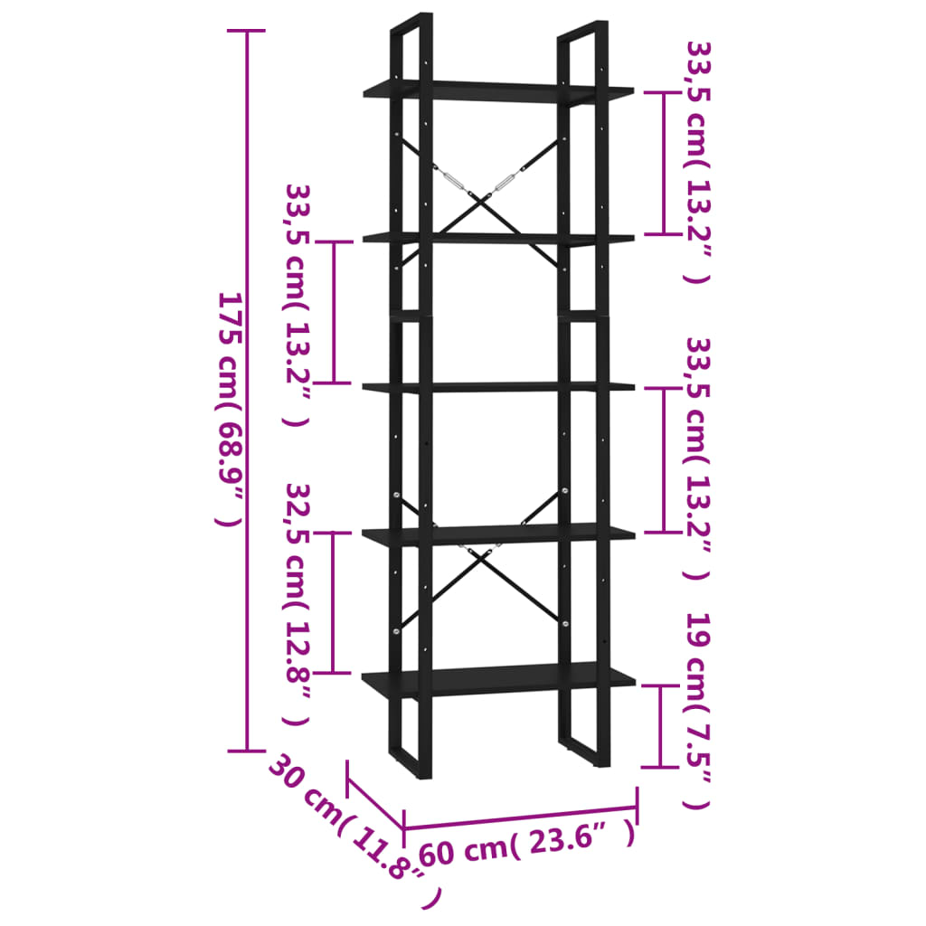 vidaXL Knižnica s 5 policami, čierna 60x30x175 cm, kompozitné drevo