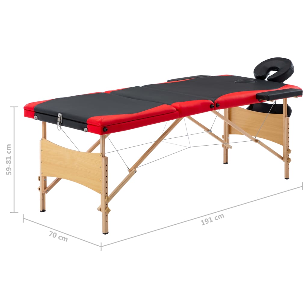 vidaXL Skladací masážny stôl, 3 zóny, drevo, čierno červený