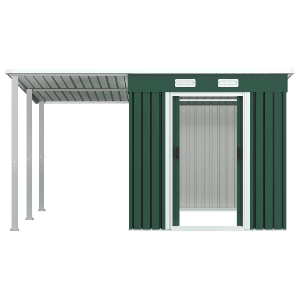 vidaXL Záhradná kôlňa, predĺžená strecha, zelená 346x236x181 cm, oceľ