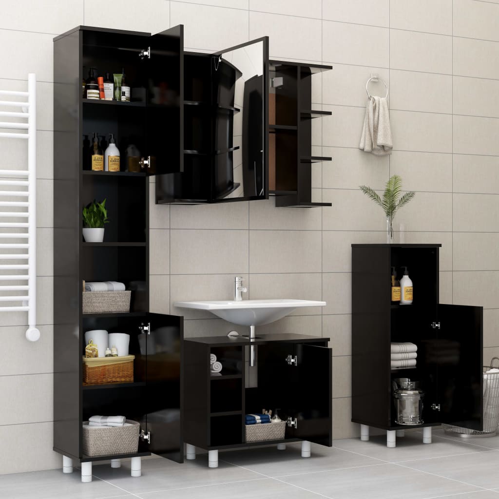 vidaXL Skrinka do kúpeľne, čierna 30x30x179 cm, kompozitné drevo