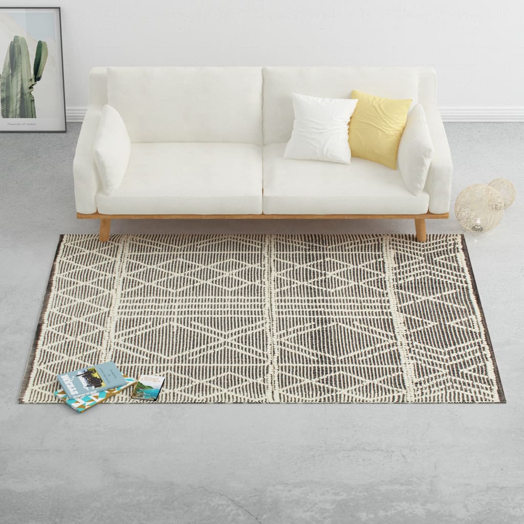 vidaXL Ručne tkaný koberec, vlna 120x170 cm, čierny/biely