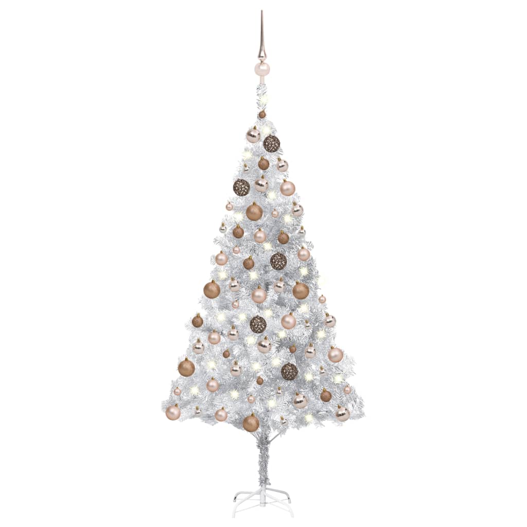 vidaXL Osvetlený umelý vianočný stromček s guľami strieborný 180cm PET