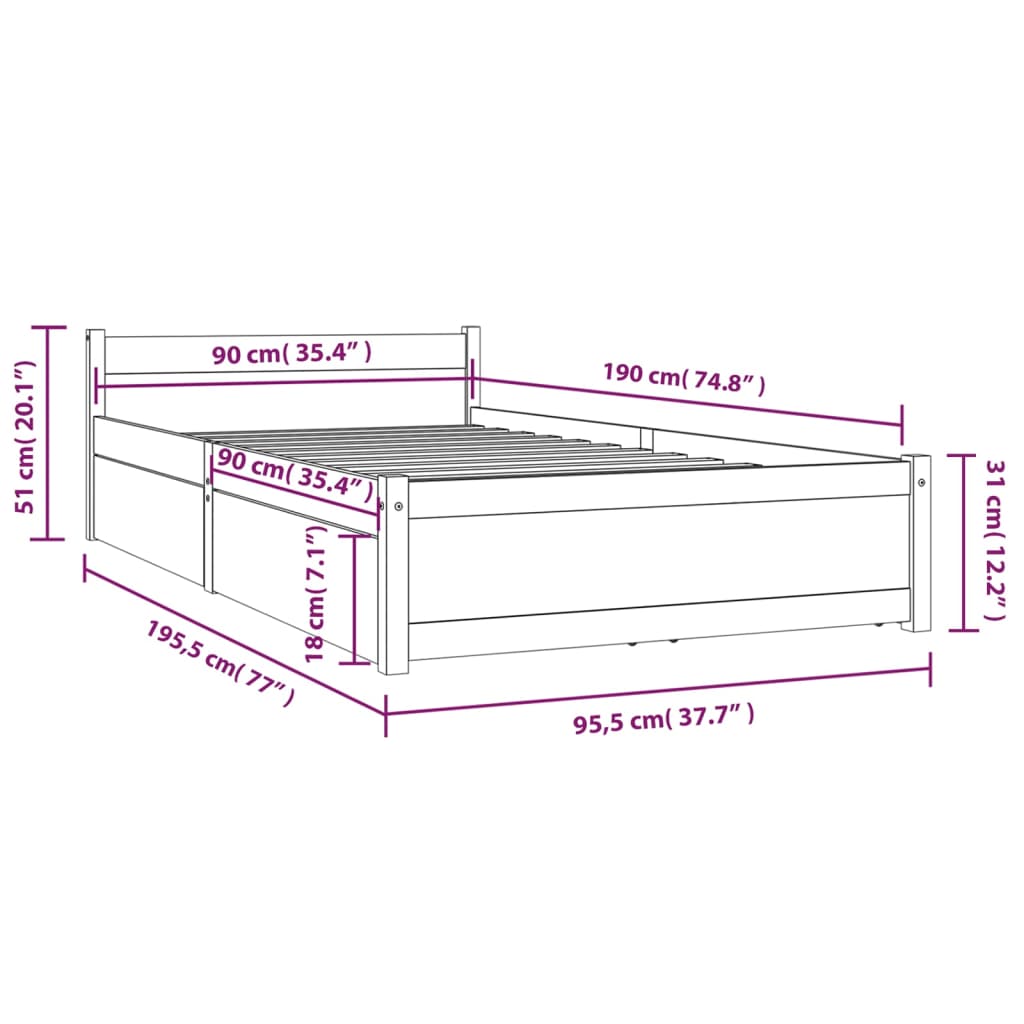 vidaXL Posteľný rám so zásuvkami biely 90x190 cm 3FT jednolôžko