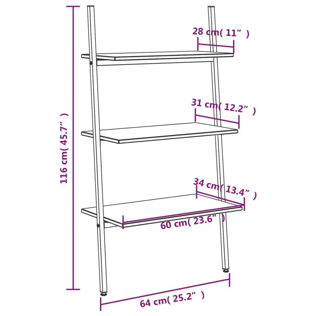 vidaXL 3-poschodová rebríková polica bledohnedá a čierna 64x34x116 cm