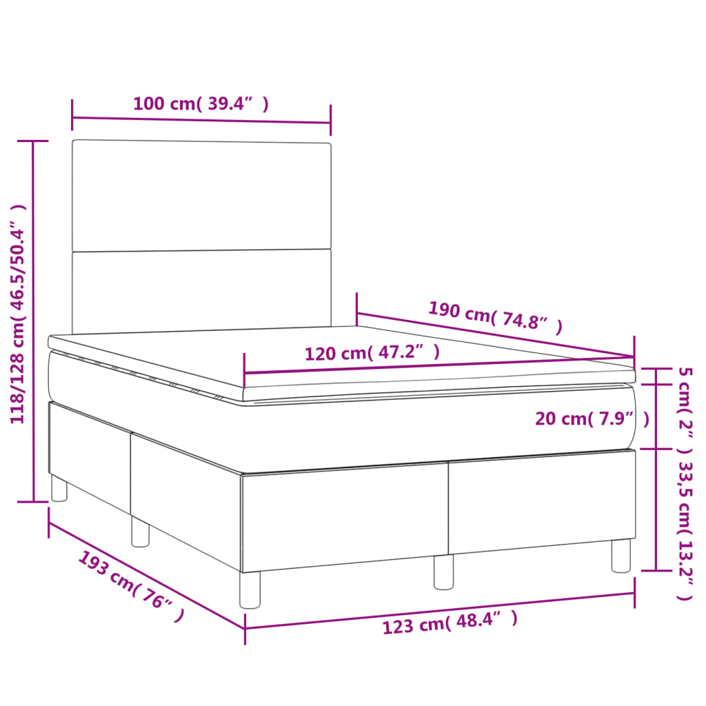 vidaXL Boxspring posteľ s matracom a LED, tmavosivá 120x190 cm, látka