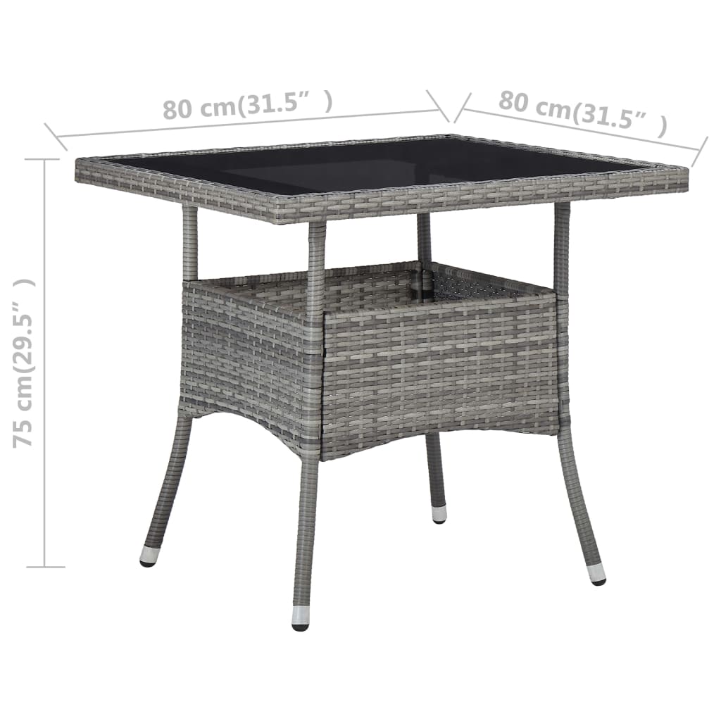 vidaXL Vonkajší jedálenský stôl sivý polyratan a sklo