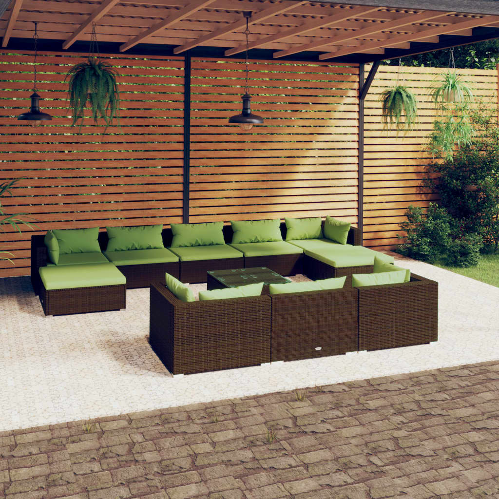 vidaXL 11-dielna záhradná sedacia súprava s vankúšmi hnedá polyratan