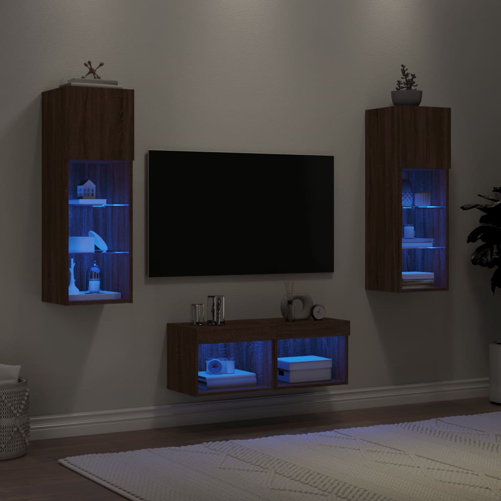 vidaXL 4-dielne TV nástenné skrinky s LED svetlami hnedý dub