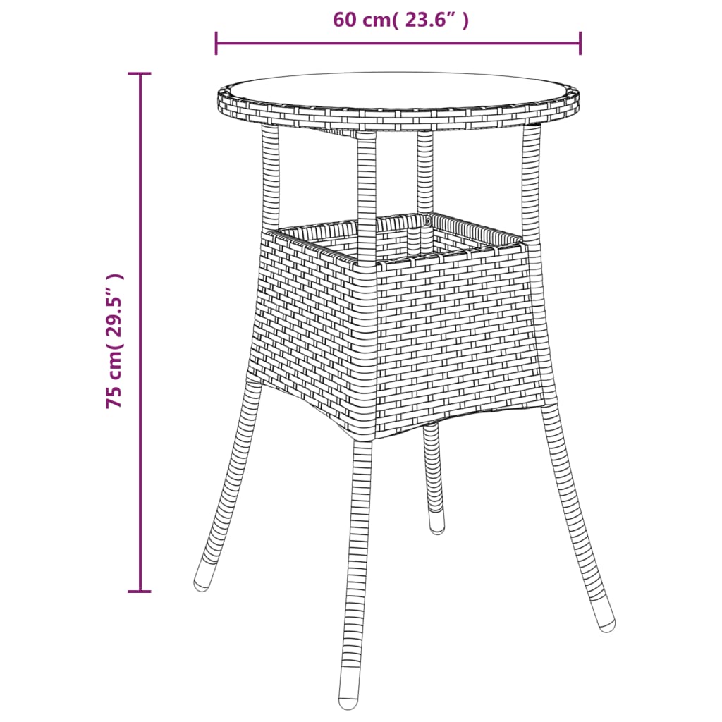 vidaXL Záhradný stôl Ø60x75 cm tvrdené sklo a polyratan sivý