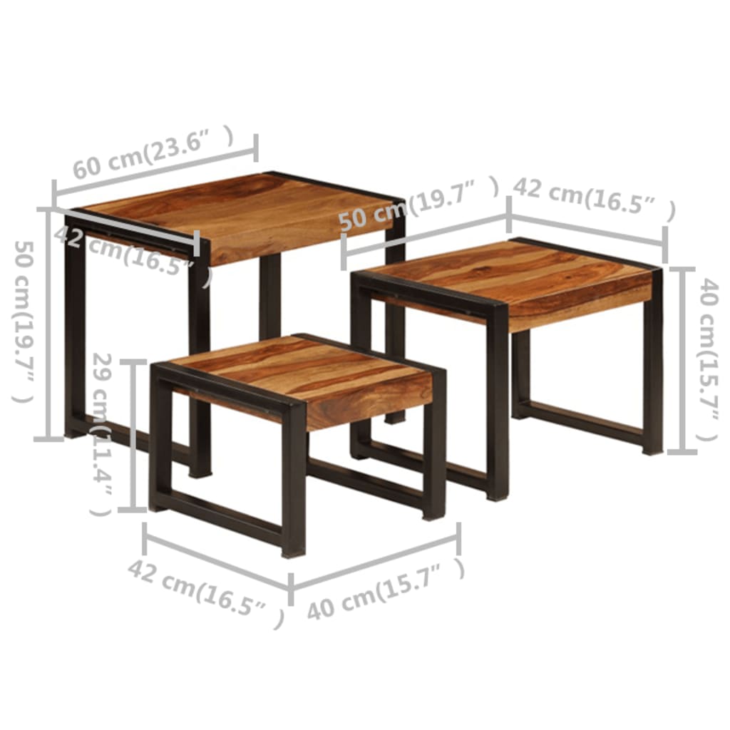 vidaXL Stohovateľné stolíky 3 ks, drevený masív sheesham