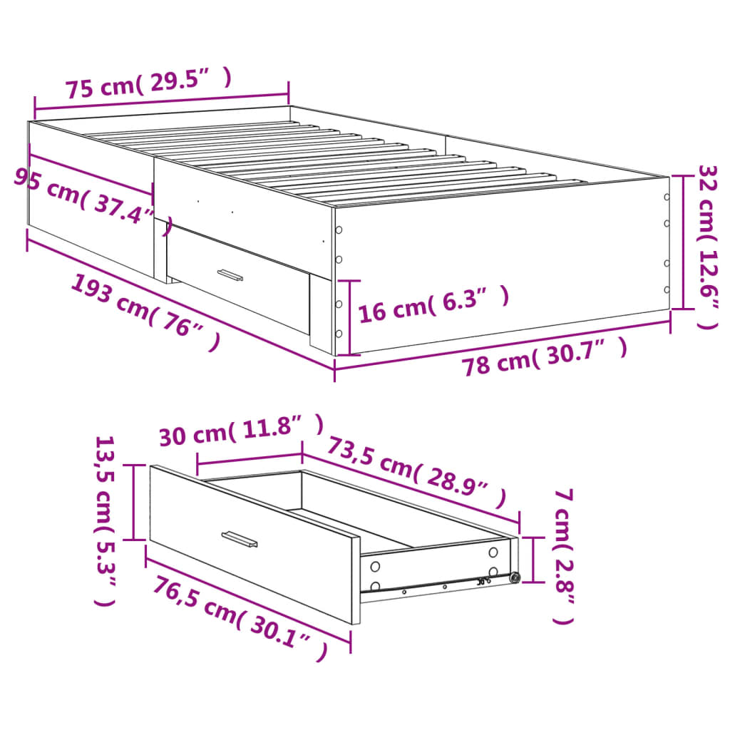 vidaXL Posteľný rám so zásuvkami betónovosivý 120x200cm kompozit.drevo