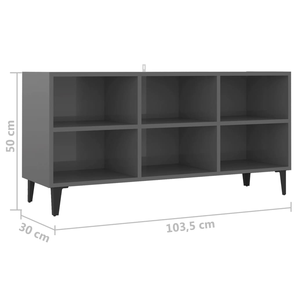 vidaXL TV stolík s kovovými nožičkami lesklý sivý 103,5x30x50 cm